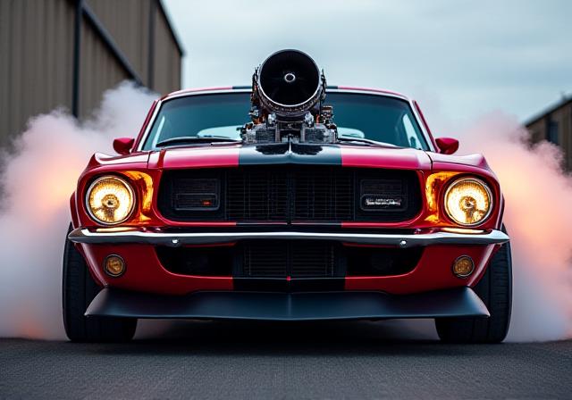 Supercharged Ford Mustang GT sitting aggressively, showcasing its power.